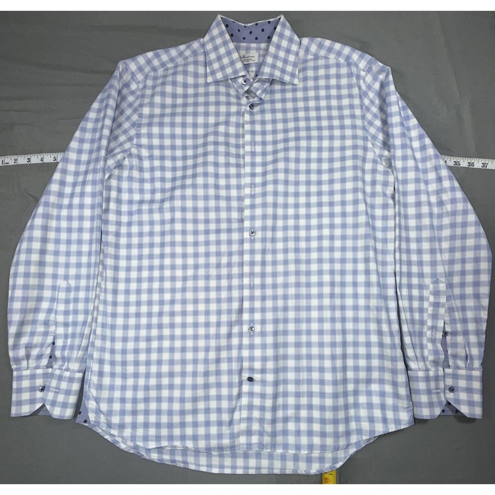 Stenströms Dress Shirt Mens 16.5 42 Blue Check Fitted Body Cotton Long Sleeve